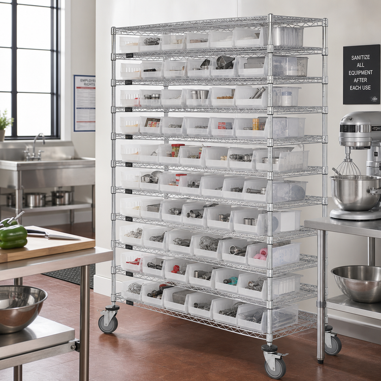 Product image #2 for Quantum Chrome Plated Stationary Bin Wire Shelving System, 72" x 24" x 74", 12 Shelves, 110 Bins