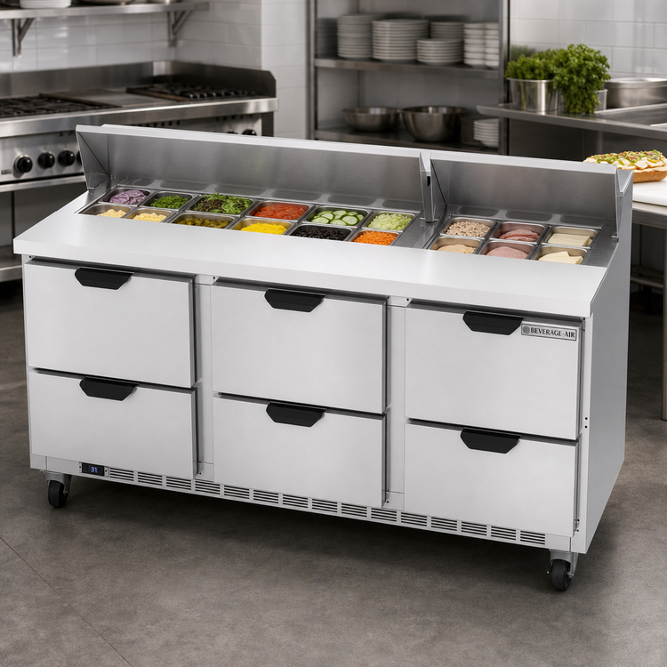 Product image #3 for Beverage-Air 72-Inch Three-Section Refrigerated Sandwich Prep Table with 6 Drawers and 18-Pan Capacity