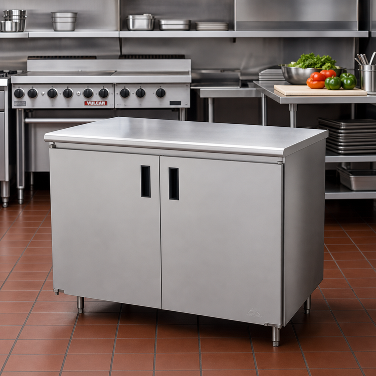 Product image #2 for Advance Tabco Special Value Series Enclosed Work Table, 60 x 30, 16-Gauge 304 Stainless Steel Top, Cabinet Base with Mid-Shelf and Hinged Doors