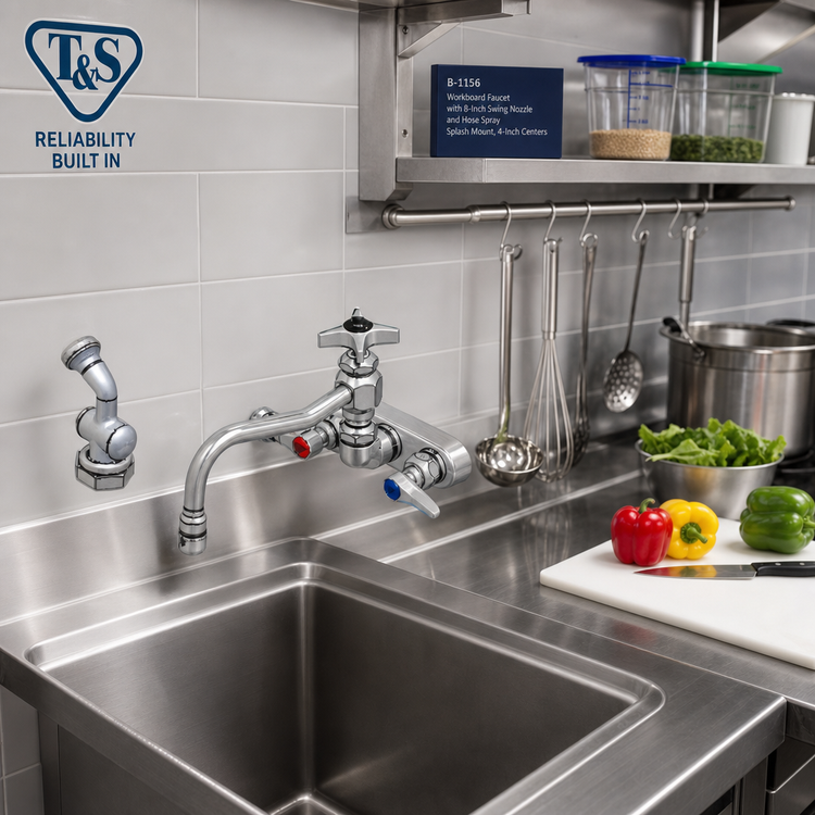 Product image #2 for T&S Brass B-1156 Workboard Faucet with 8-Inch Swing Nozzle and Hose Spray, Splash Mount, 4-Inch Centers