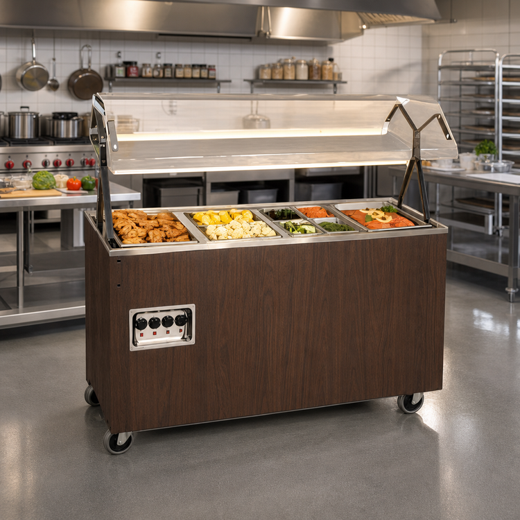 Product image #2 for Vollrath 2-Series 3-Well Mobile Hot Food Station with Lit Buffet Breath Guard and Enclosed Storage Base, Walnut Woodgrain