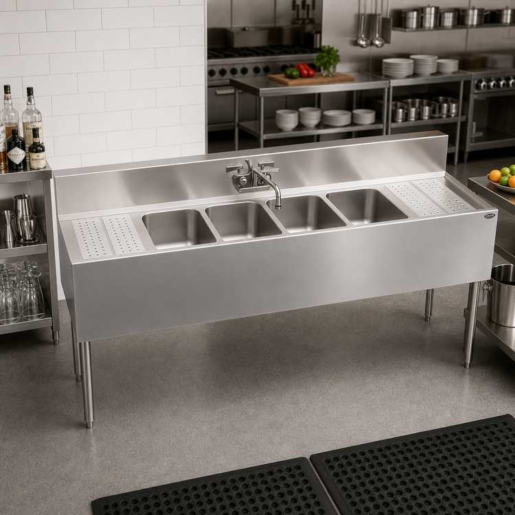 Product image #2 for Krowne Royal Series Four-Compartment Stainless Steel Underbar Sink Unit with Left and Right Drainboards and Faucet, 72 Inch