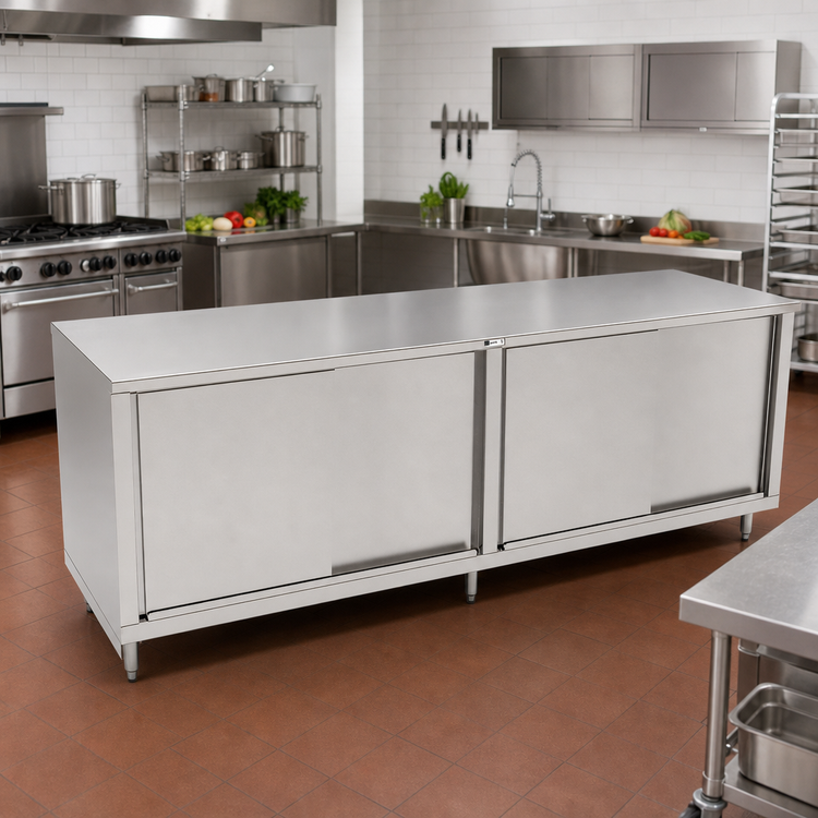 Product image #2 for John Boos Cabinet Base Enclosed Work Table with Sliding Doors, 96 x 36 Inch, 16 Gauge 300 Series Stainless Steel Top