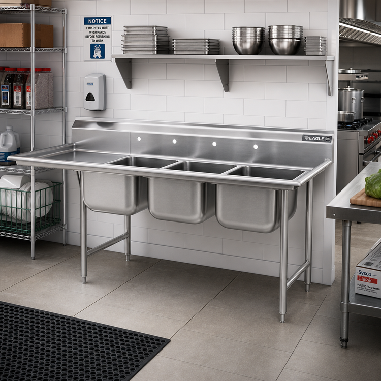 Product image #2 for Eagle Group 414 Series Coved Corner Four-Compartment Sink with Left 18-Inch Drainboard