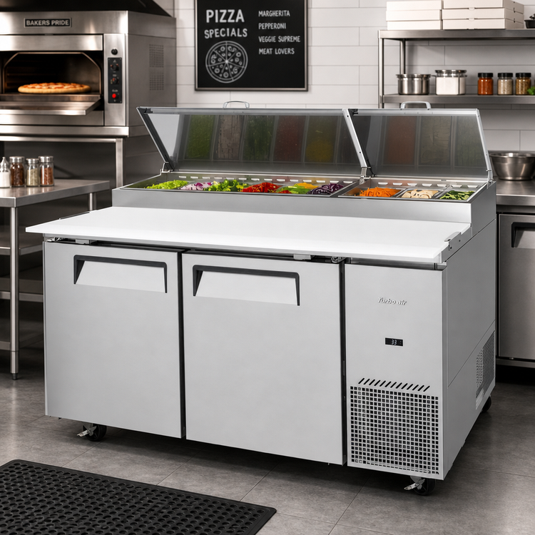 Product image #2 for Turbo Air Super Deluxe Two-Section Pizza Prep Table, 67-1/8 in. W, 20 Cu. Ft., Stainless Steel, Self-Contained Side-Mount Refrigeration