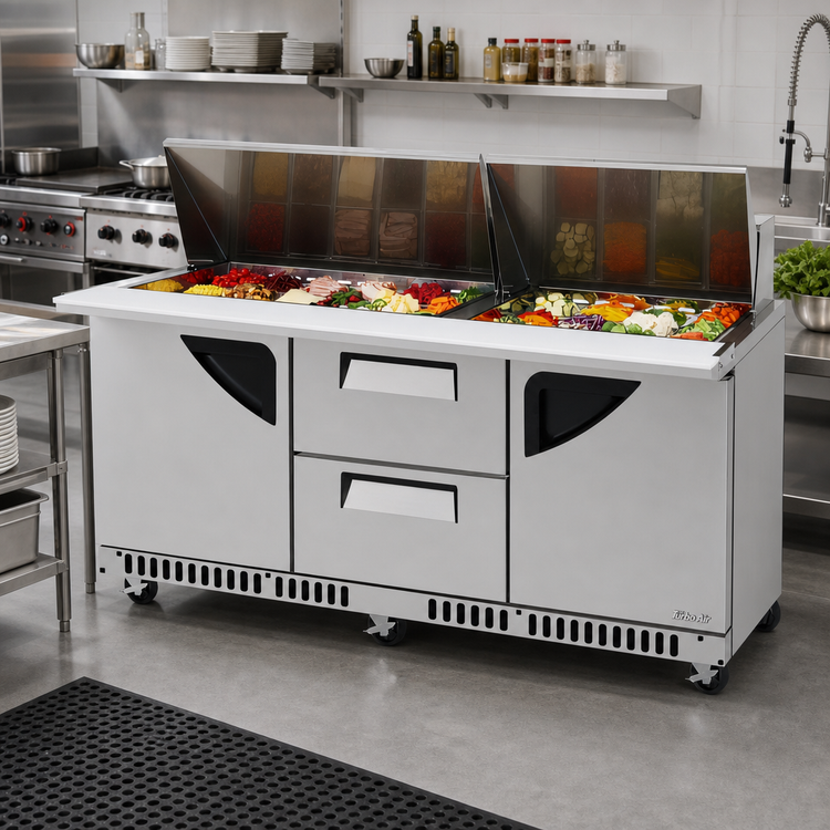 Product image #2 for Turbo Air Super Deluxe Three-Section Front Breathing Sandwich/Salad Mega Top Prep Table with 2 Drawers and 2 Doors, 72-5/8 Inch
