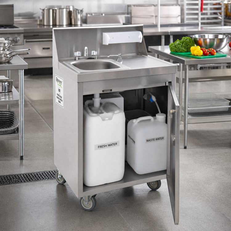 Product image #2 for Portable Self-Contained Hand Wash Sink with Stainless Steel Cabinet, Hot/Cold Faucet, 5-Gallon Fresh Tank, 7-Gallon Waste Tank and Casters