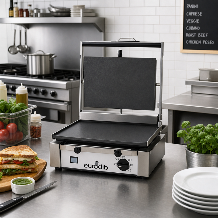 Product image #2 for Eurodib Single Countertop Panini Grill with Flat Cast Iron Top and Bottom Plates, 14.5 x 10 Inch, 220V