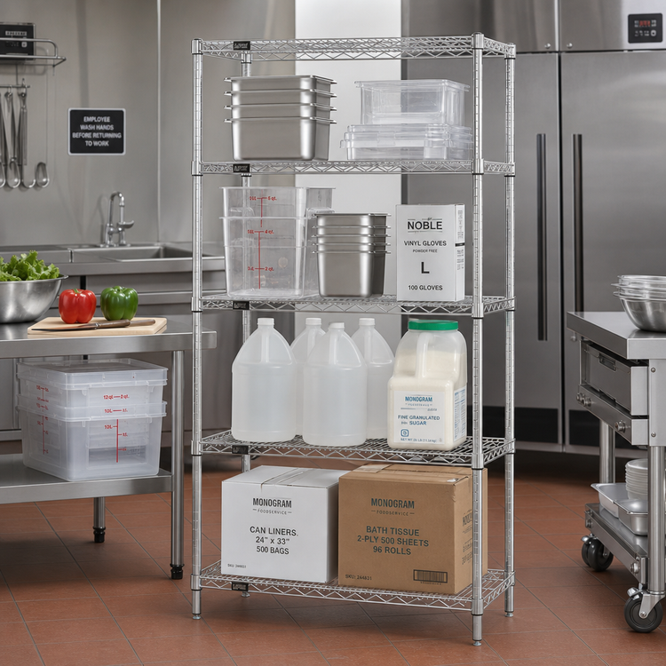 Product image #2 for Quantum 30"W x 18"D x 63"H Wire Shelving Starter Kit, Chrome Plated, 4-Shelf, Stationary