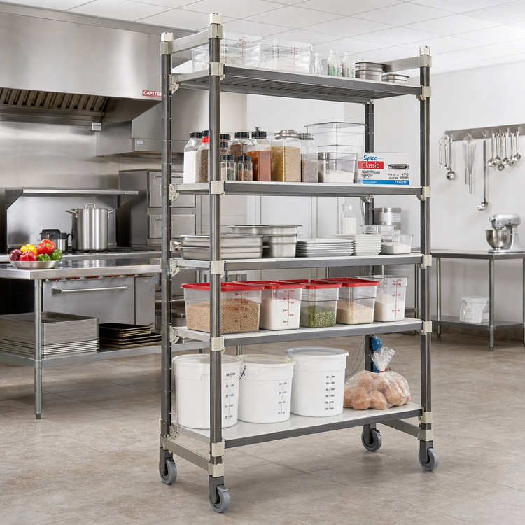 Product image #2 for Cambro Camshelving Elements XTRA High Density Top Rail 5-Tier Mobile Starter Unit, 54 x 24 x 80 Inch, Overhead Track Shelving