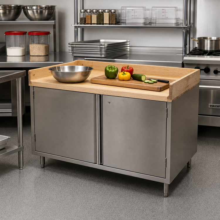 Product image #2 for BK Resources Wood Top Chef Table with Locking Cabinet Base, Hard Maple Top, 48 x 30 Inches