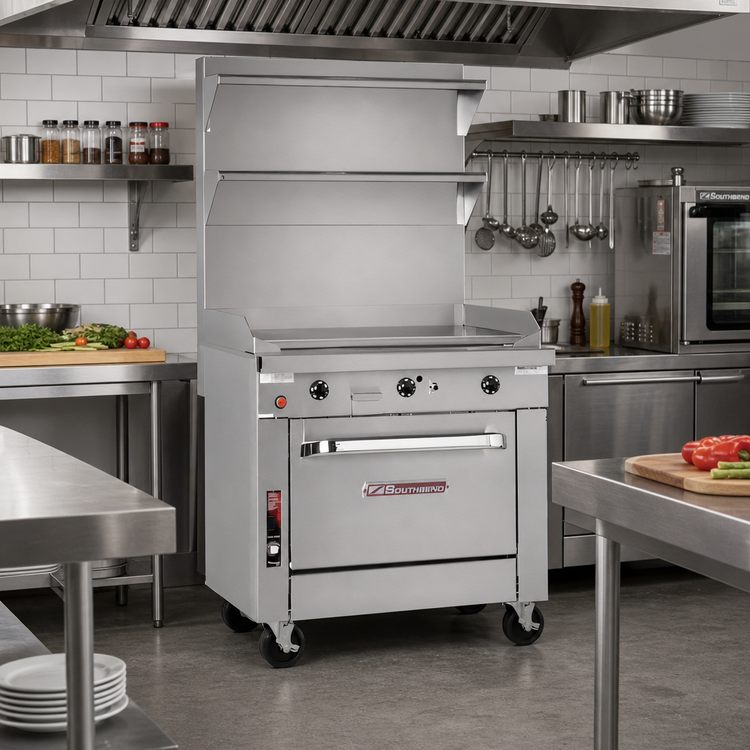 Product image #2 for Southbend Platinum 48-Inch Heavy-Duty Sectional Gas Range with Thermostatic Full-Width Griddle, Convection Oven, and Cabinet Base