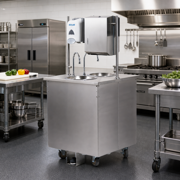 Product image #3 for Vollrath Double-Sided Mobile Stainless Steel Hand Washing Station with Dual Round Bowl Sinks and Foot Pump