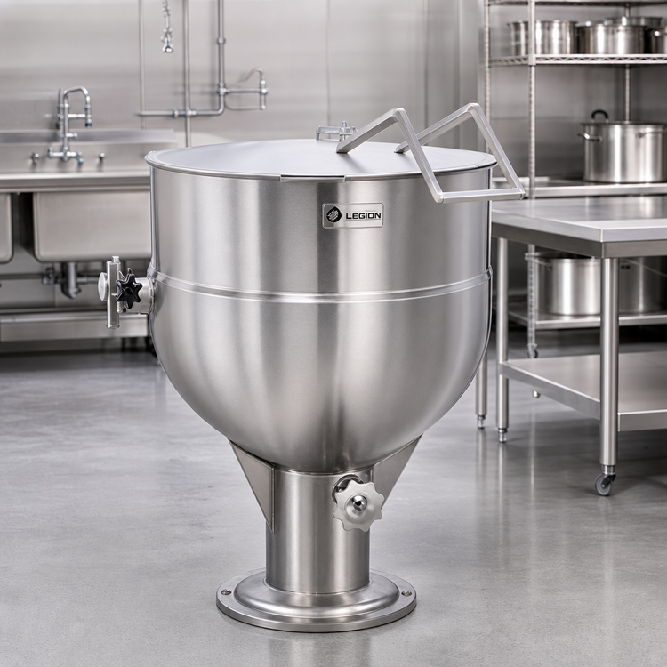 Product image #2 for Legion LP-50 50-Gallon Stationary Direct Steam Kettle with 304 Stainless Steel Liner, 2/3 Jacketed, Pedestal Mounted