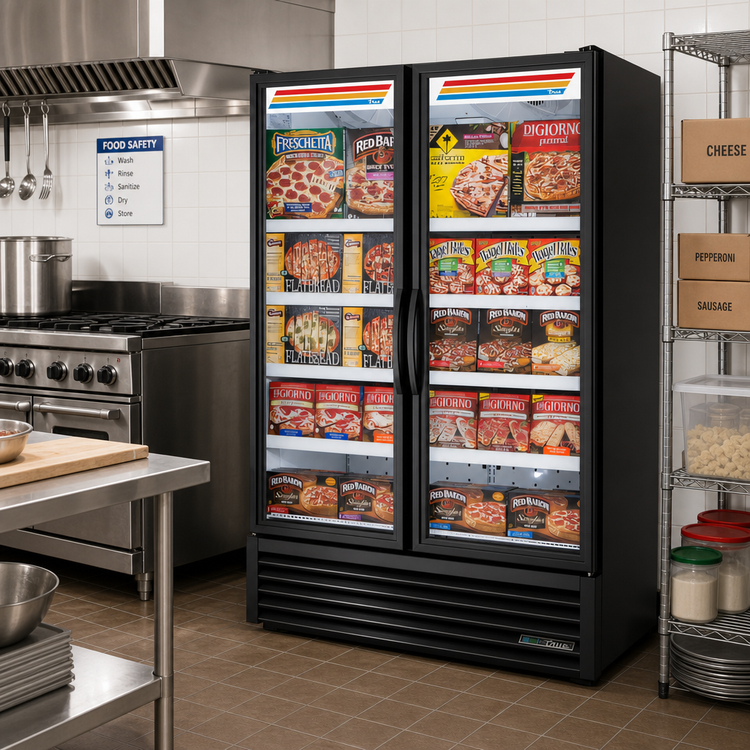 Product image #2 for True Full-Length Two-Section Glass Door Freezer Merchandiser, Self-Contained, Bottom-Mounted, Black, -10°F