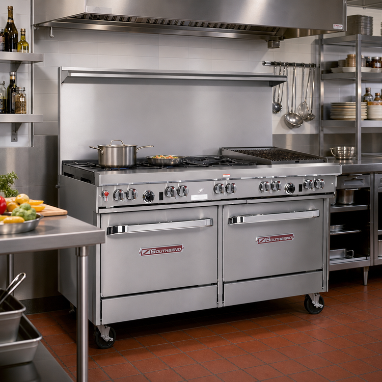 Product image #2 for Southbend Ultimate 60-Inch Gas Restaurant Range with 6 Open Burners, 24-Inch Charbroiler, Convection Oven, and Cabinet Base