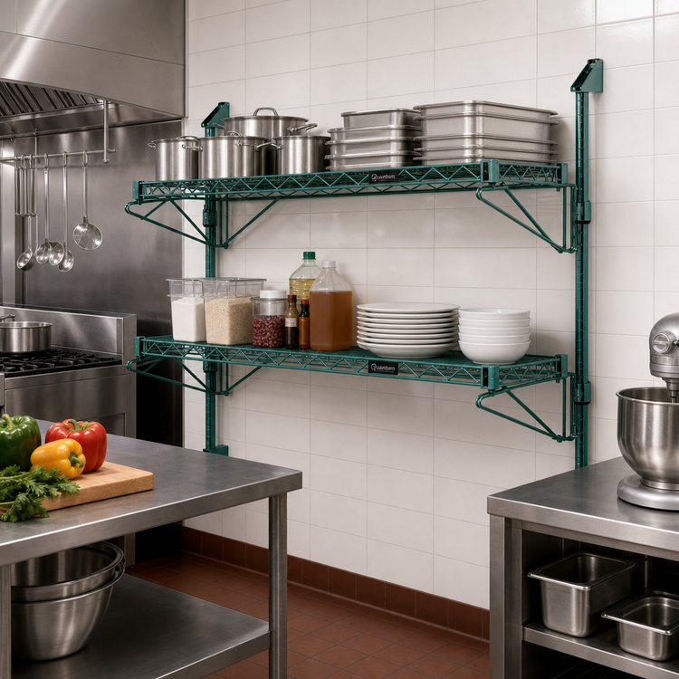 Product image #2 for Quantum Cantilever Double Shelf Wall-Mount Wire Shelving Unit, 72 x 24 Inches, Green Epoxy Finish