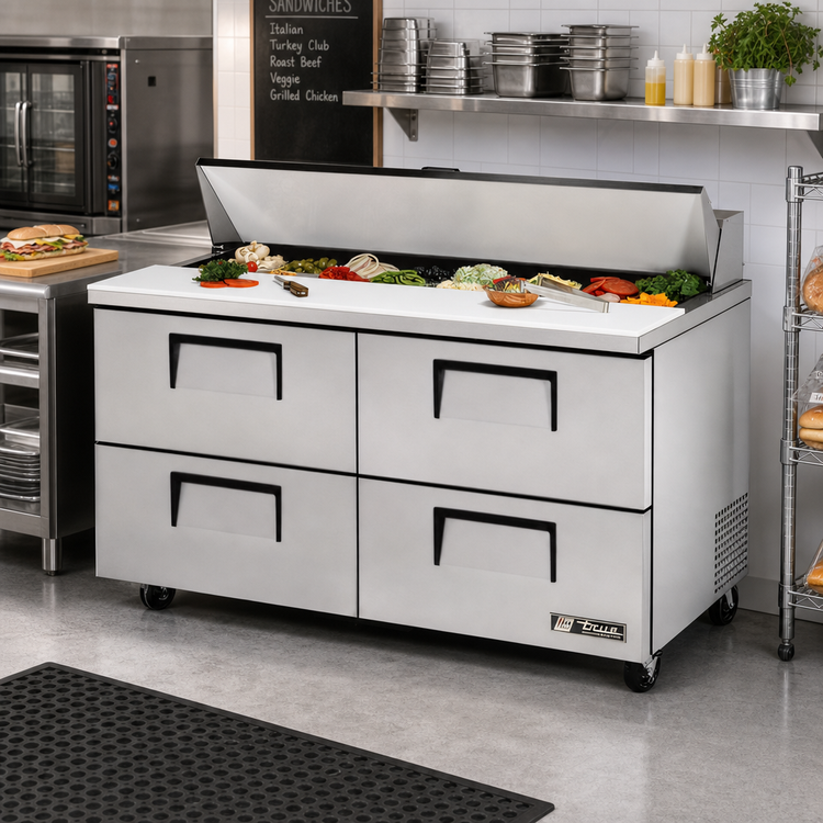 Product image #2 for True 60-Inch Two-Section Sandwich/Salad Prep Table with 4 Drawers and 16-Pan Top