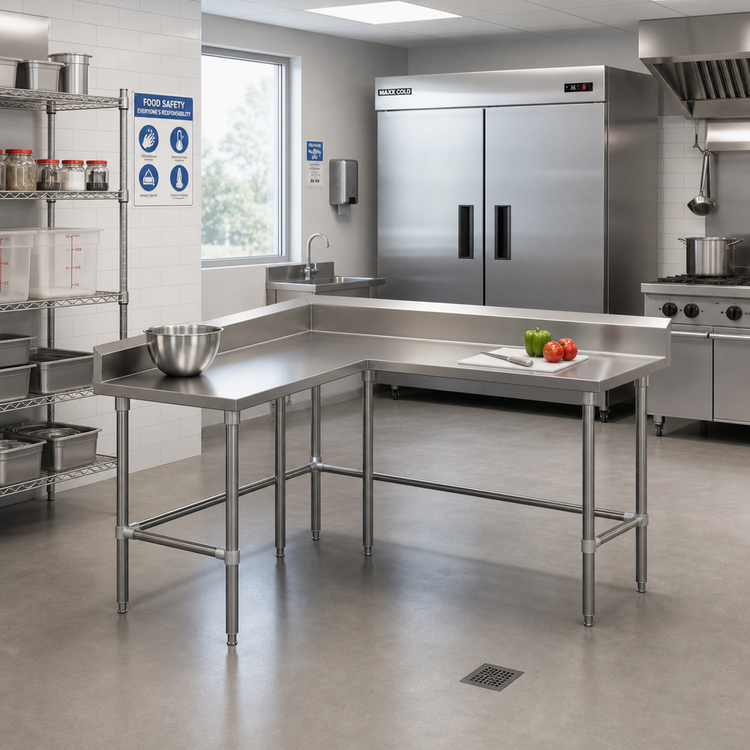 Product image #2 for L-Shaped Stainless Steel Corner Work Table with 5-Inch Backsplash and Safety Edge, 60 x 60 Inches