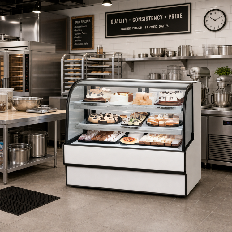 Product image #2 for Federal Industries Curved Glass Refrigerated Bakery Display Case, 59.13-Inch Wide, Self-Contained, 2-Tier Shelves
