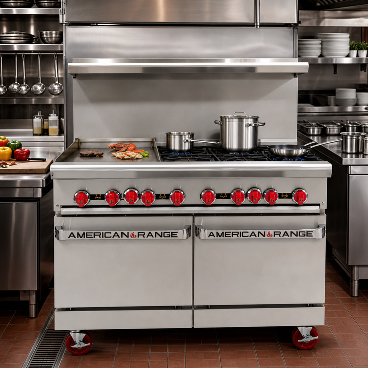 Product image #2 for American Range 48-Inch Gas Restaurant Range with 1-Inch Griddle and 2 Space Saver Ovens