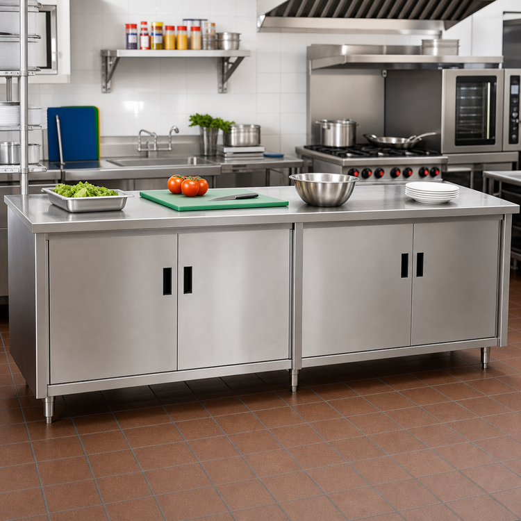 Product image #2 for Advance Tabco Special Value Economy Enclosed Work Table with Cabinet Base and Hinged Doors, 108 x 24 Inches, 16-Gauge 304 Stainless Steel Top
