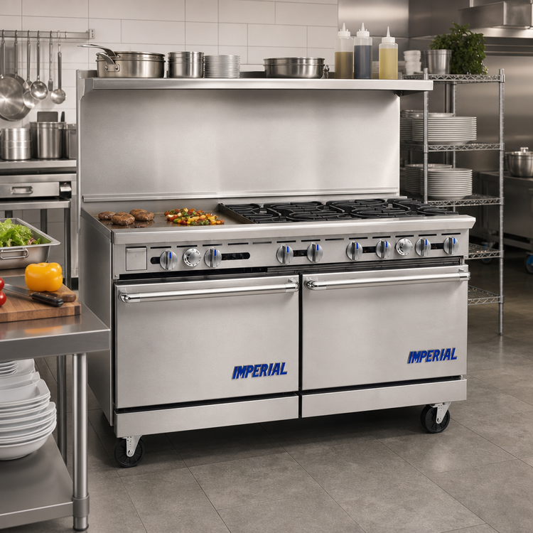 Product image #2 for Imperial Pro Series 60-Inch Commercial Gas Restaurant Range with 6 Open Burners, 24-Inch Griddle, Convection Oven and Standard Oven
