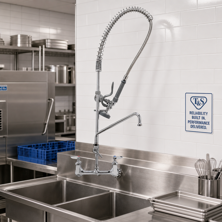 Product image #2 for T&S Brass EasyInstall 8-Inch Adjustable Center Wall-Mount Pre-Rinse Unit with 16-Inch Add-On Faucet and 44-Inch Hose