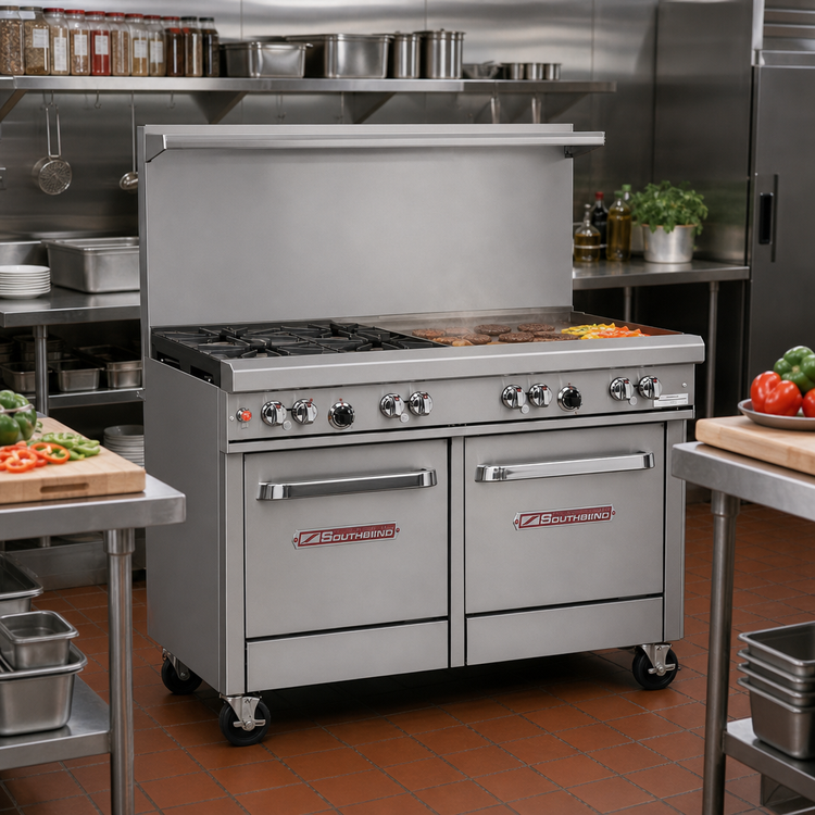 Product image #2 for Southbend Ultimate 48-Inch Gas Restaurant Range with 2 Non-Clog Burners, 36-Inch Thermostatic Griddle, Standard Oven, and Cabinet Base