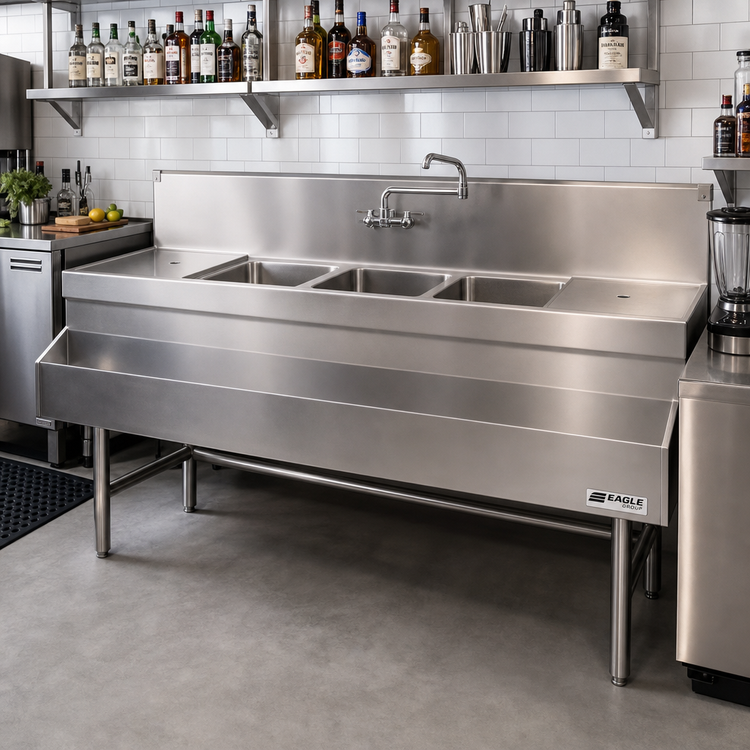 Product image #2 for Eagle Group Spec-Bar 3-Compartment Underbar Sink Unit with Left & Right Drainboards, 72 x 24 x 37 Inches