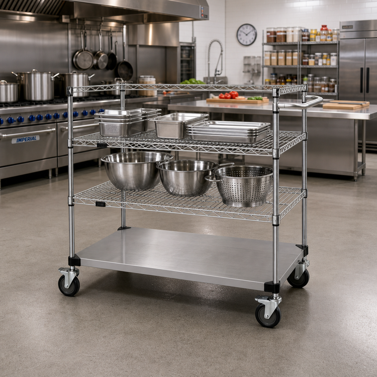 Product image #2 for Quantum 3-Sided Stainless Steel Utility Cart with 2 Wire Shelves, Solid Shelf, Open Base, and U-Handle, 48 x 24 x 48 Inches