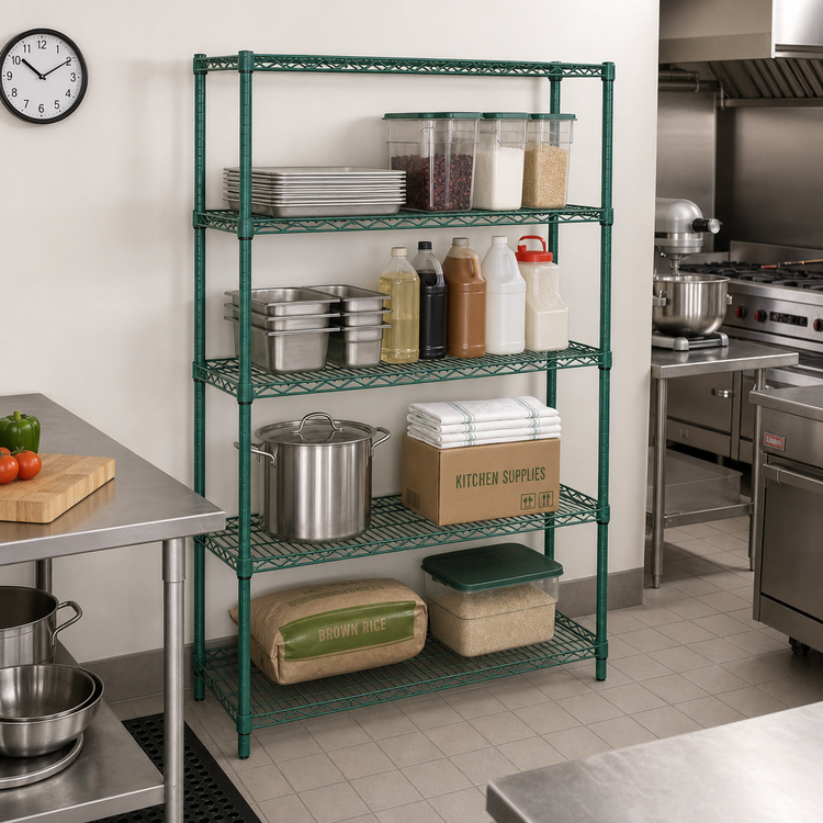 Product image #2 for Quantum Stationary Wire Shelving Starter Kit, 24 x 18 x 86 Inches, 4 Shelves, Green Epoxy Finish