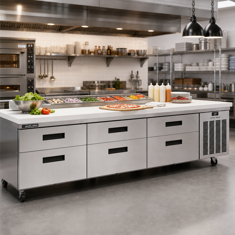 Product image #2 for Garland Arctic Fire 109-Inch Four-Section Refrigerator Base with 8 Self-Closing Drawers, Remote Refrigeration