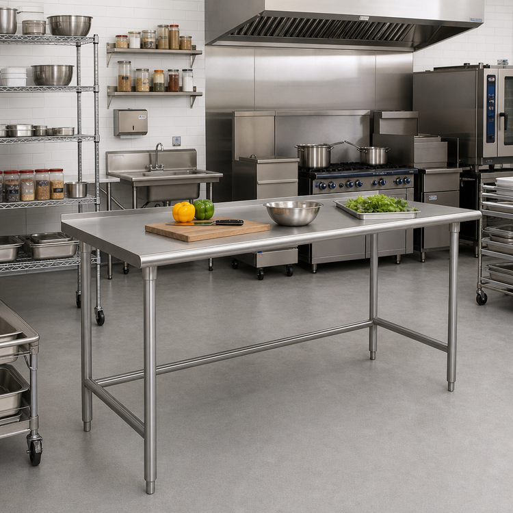 Product image #2 for Advance Tabco Premium Series 108-Inch x 30-Inch Stainless Steel Open Base Work Table with 1-1/2-Inch Rear Up-Turn, 14-Gauge 304 Top