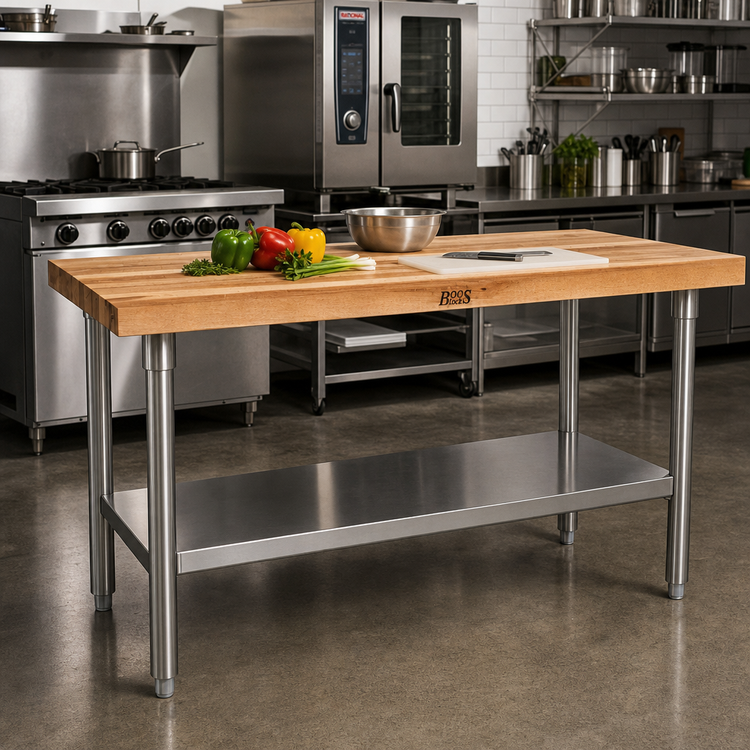 Product image #2 for John Boos 96-Inch Wood Top Work Table with Stainless Steel Base and Adjustable Undershelf