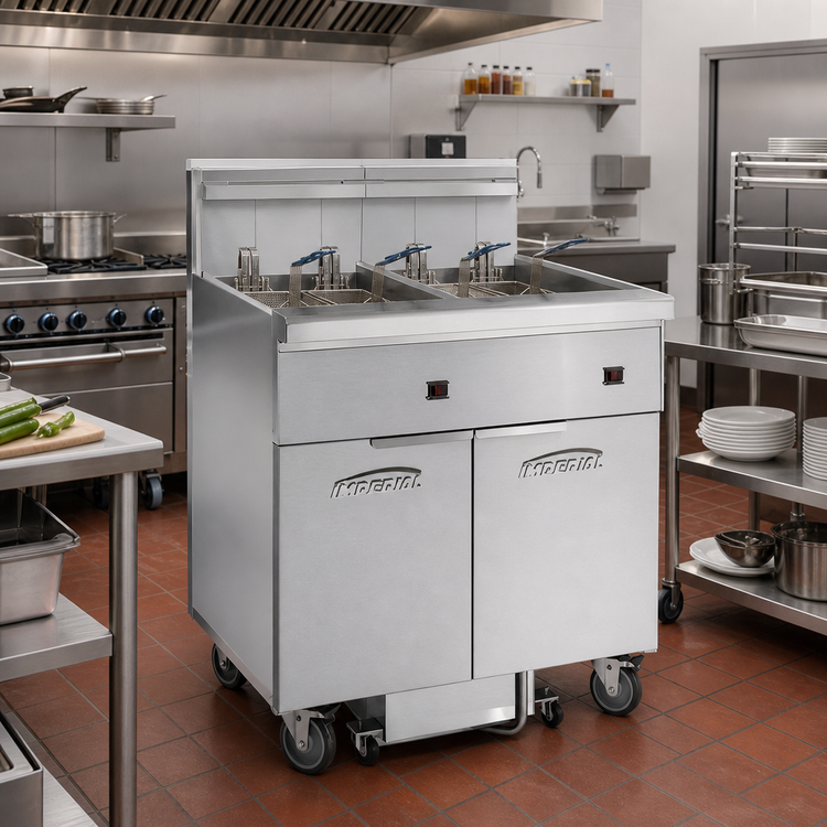 Product image #2 for Imperial 4-Tank Electric Floor Fryer with Built-In Space Saver Filter System, 75 lb. Capacity per Tank