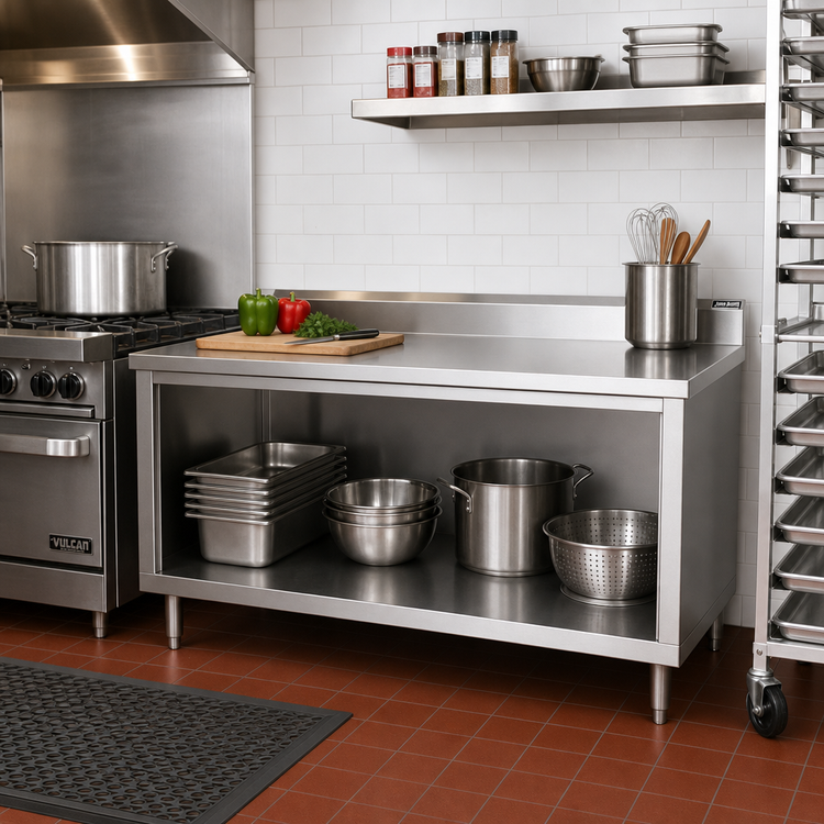 Product image #2 for John Boos 48" x 24" Stainless Steel Work Table with Open Front Cabinet Base and 5" Backsplash