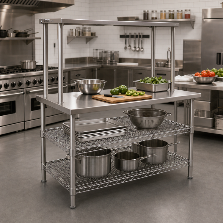 Product image #2 for Eagle Group AdjusTable 60 Inch x 30 Inch One-Tier Stainless Steel Work Table System with Overshelf and Undershelves