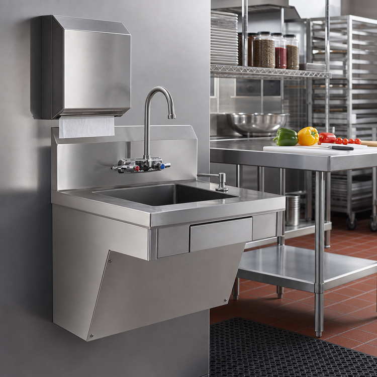 Product image #2 for Eagle Group ADA Wall-Mounted 304 Stainless Steel Hand Sink with 14 x 16 x 5-Inch Bowl, Faucet, Skirt, Soap Dispenser and Paper Towel Dispenser