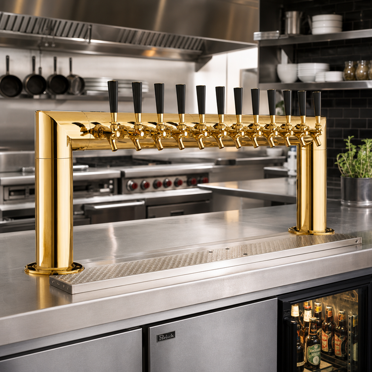 Product image #2 for Perlick Pass-Thru Countertop Glycol-Cooled Draft Beer Tower with 12 Faucets, Tarnish-Free Brass Finish