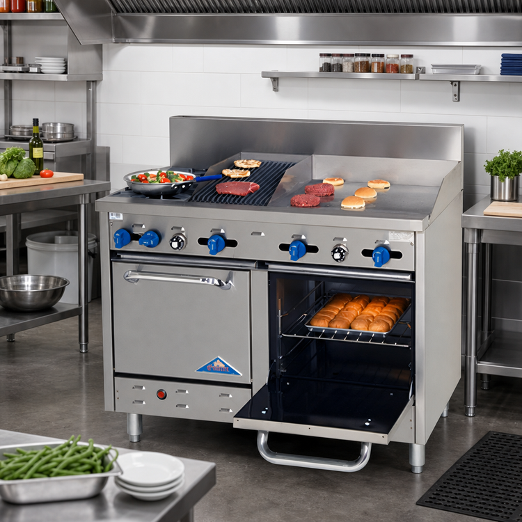 Product image #2 for Comstock-Castle 48-Inch Commercial Gas Range with 2 Open Burners, 24-Inch Griddle, 12-Inch Char-Broiler, and 2 Space-Saver Ovens