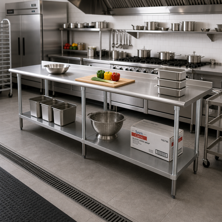 Product image #2 for Advance Tabco 144-Inch x 24-Inch 304 Stainless Steel Work Table with 1-1/2-Inch Rear Backsplash and Galvanized Base