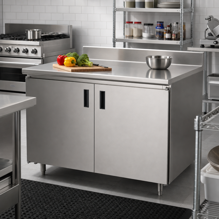 Product image #2 for Advance Tabco 48-Inch x 36-Inch Enclosed Work Table with Cabinet Base and Hinged Doors, 14-Gauge 304 Stainless Steel Top, 5-Inch Backsplash