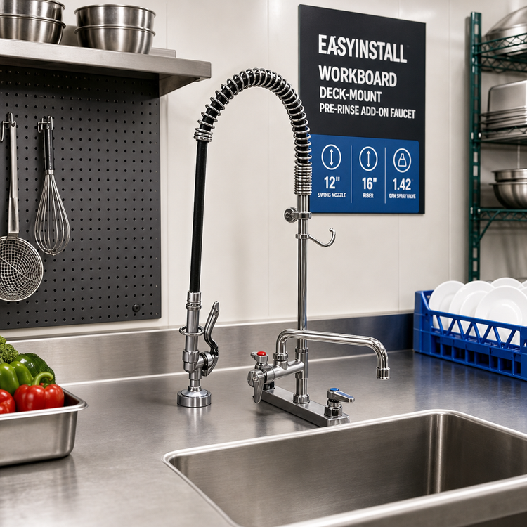 Product image #2 for EasyInstall Workboard Deck-Mount Pre-Rinse Add-On Faucet with 12-Inch Swing Nozzle, 16-Inch Riser, and 1.42 GPM Spray Valve