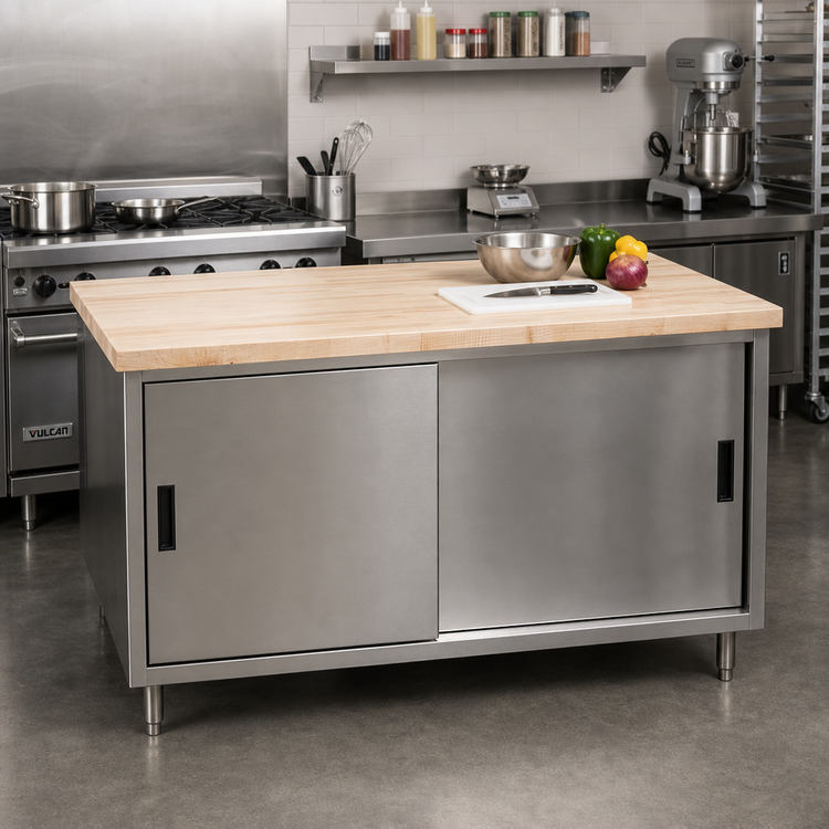 Product image #2 for BK Resources 60-Inch x 36-Inch Hard Maple Chef Table with Stainless Steel Cabinet Base and Sliding Doors