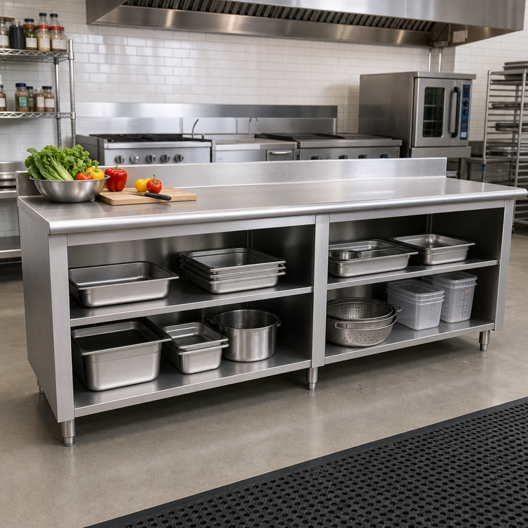 Product image #2 for Advance Tabco Open Front Cabinet Base Work Table with Mid-Shelf, 144-Inch x 36-Inch, 14 Gauge 304 Stainless Steel Top, 5-Inch Backsplash