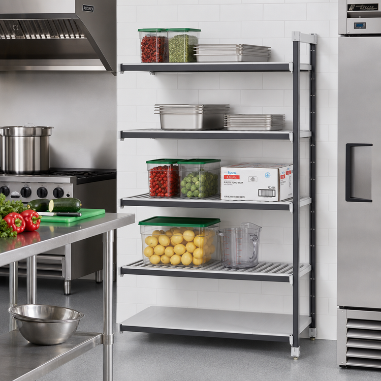 Product image #2 for Cambro Camshelving® Elements XTRA 5-Tier Stationary Add-On Solid Polymer Shelving Unit, 30"W x 24"D x 84"H