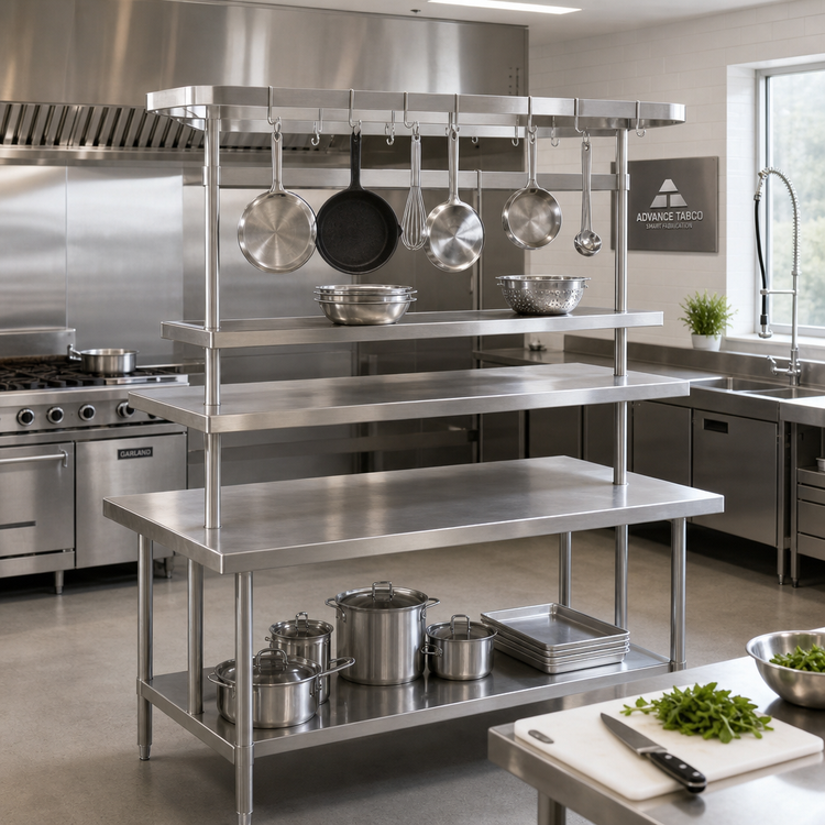 Product image #2 for Advance Tabco SCT-96 Table-Mounted Circular Stainless Steel Pot Rack with 18 Plated Hooks and Utensil Rack