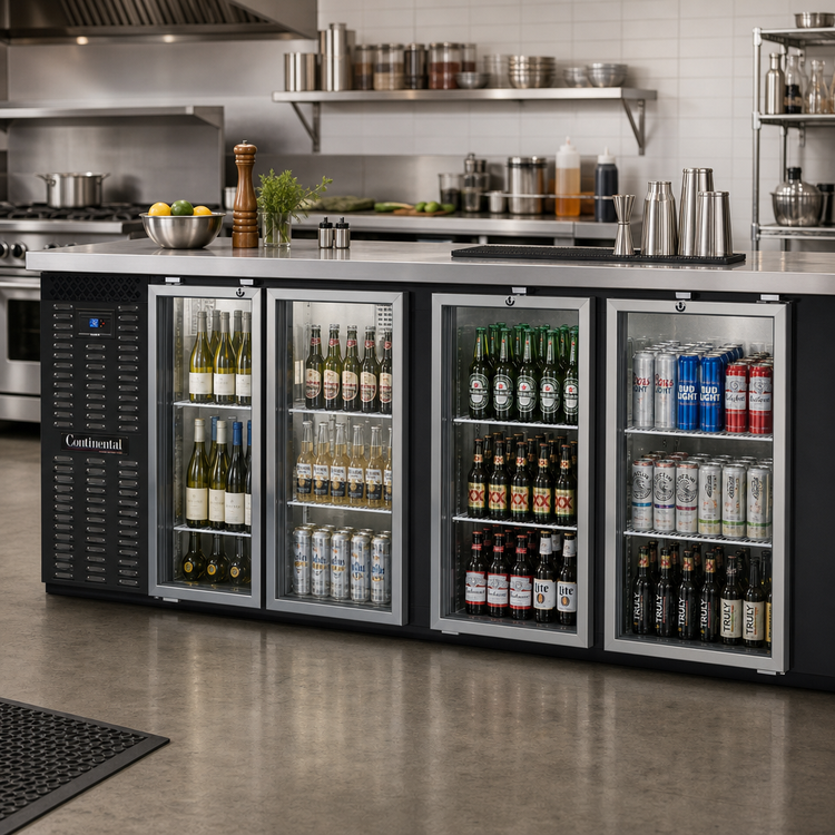 Product image #2 for Continental Refrigerator BB69SNGDPT 69" Shallow Depth Pass-Thru Back Bar Cooler with 4 Hinged Glass Doors