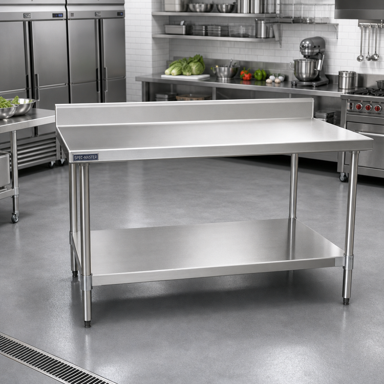 Product image #2 for Spec-Master Marine Series Stainless Steel Work Table with 4-1/2" Backsplash and Adjustable Undershelf, 144" W x 36" D